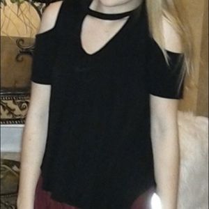 super cute black v-neck half shoulder blouse